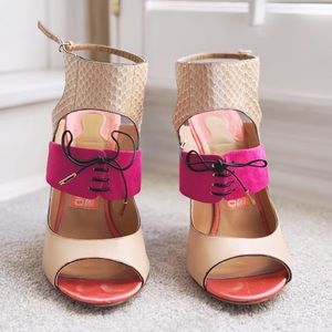Salvatore Ferragamo Suede and Lucite Wedge Sandals